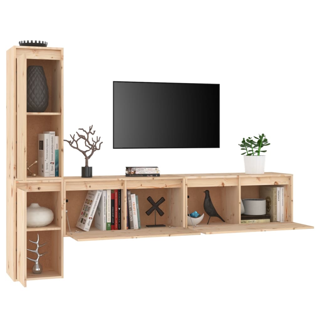 Meuble TV 4 pcs en bois de pin massif