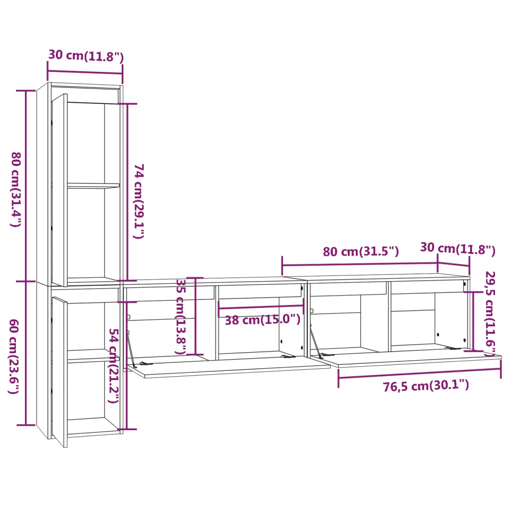 Meuble TV 4 pcs en bois de pin massif