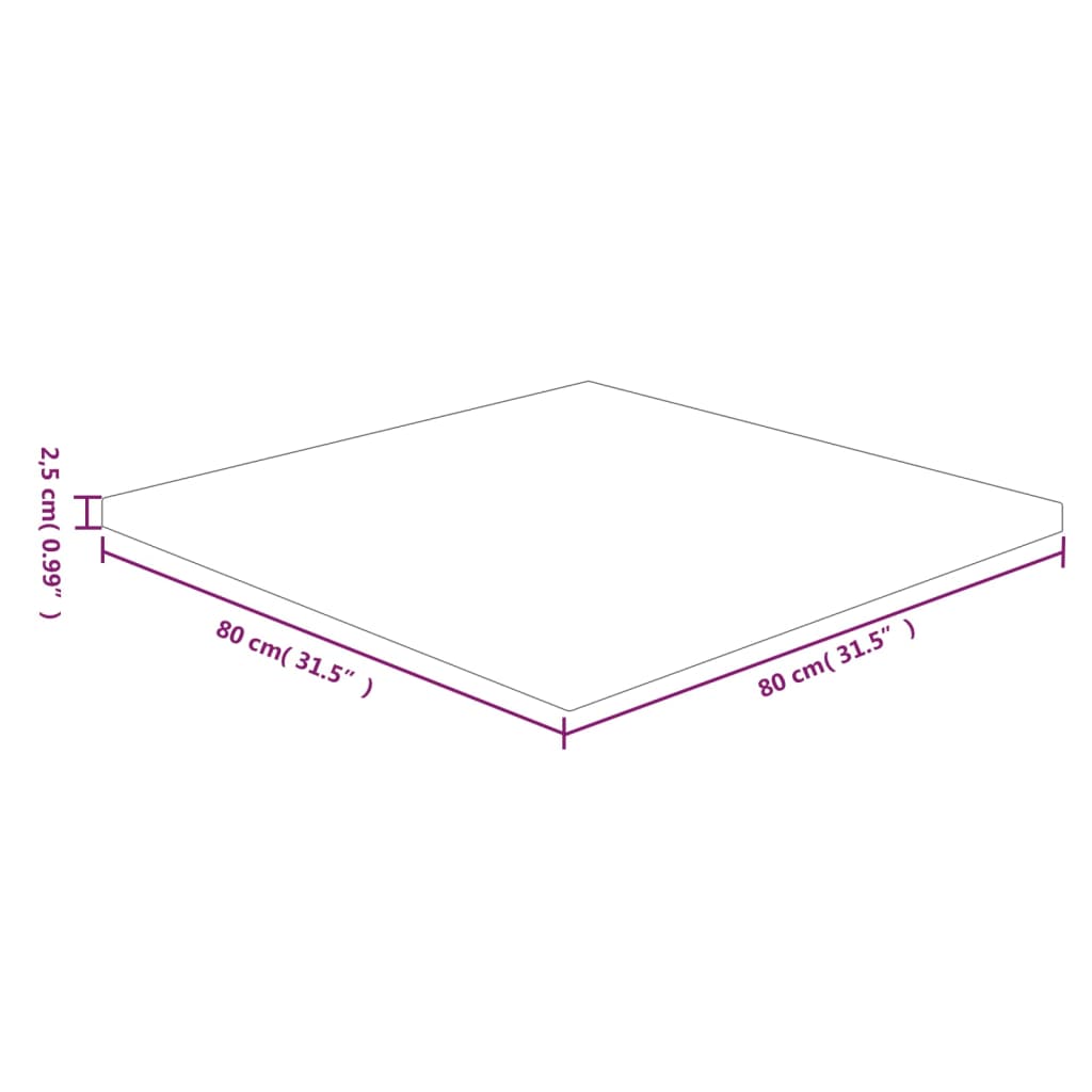 Plateau de table carré 70x70x2,5 cm chêne massif non traité