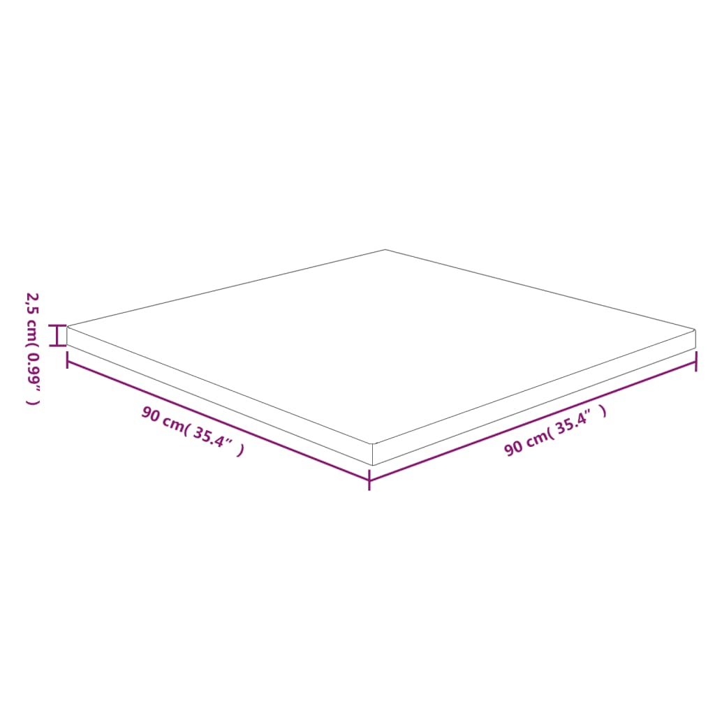 Plateau de table carré 70x70x2,5 cm chêne massif non traité