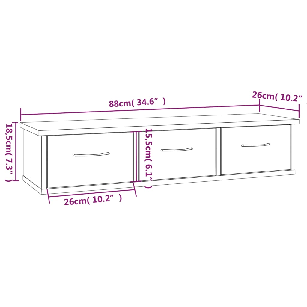 Wandschap met lades 88x26x18,5 cm bewerkt hout