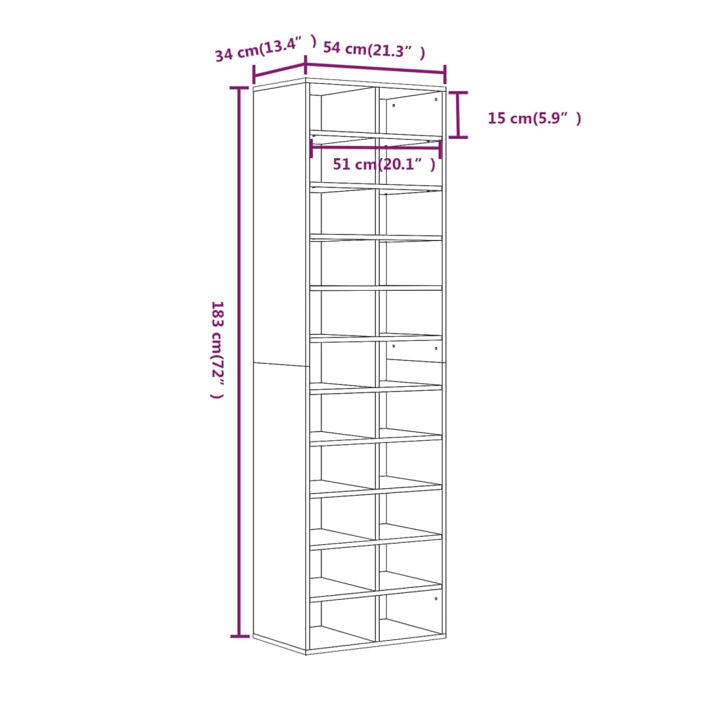 Schoenenkast 54x34x183 cm bewerkt hout