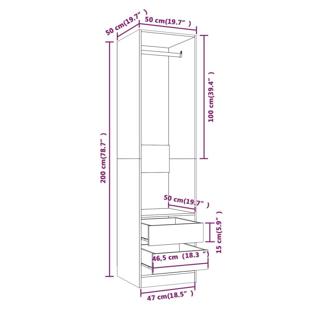 Armoire avec tiroirs 50x50x200 cm en bois travaillé soma