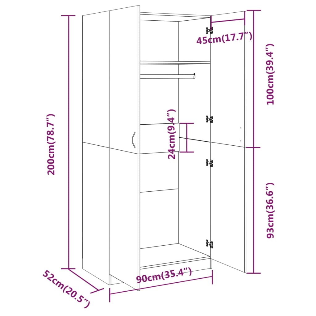 Armoire 90x52x200 cm en dérivé du bois couleur chêne