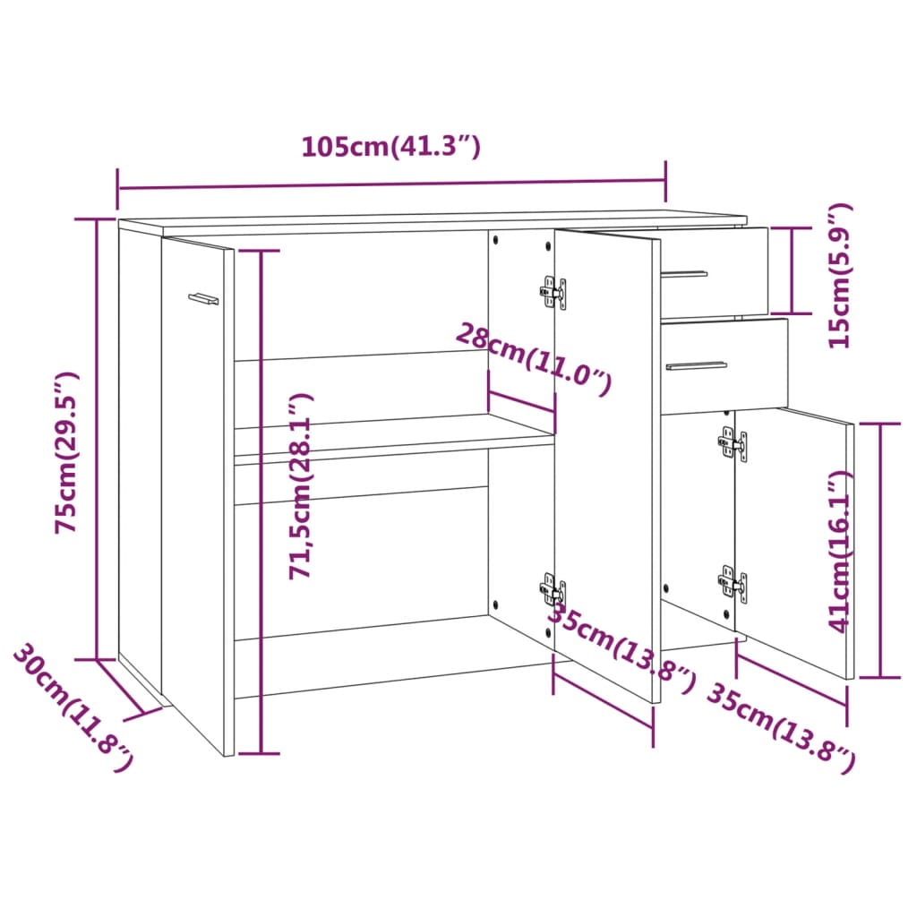 Dressoir 105x30x75 cm bewerkt hout gerookt eikenkleurig