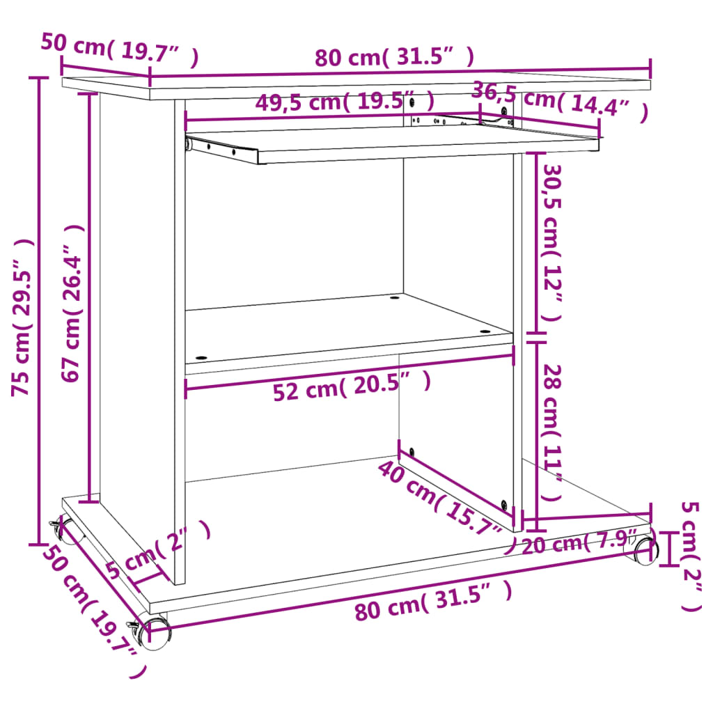 Computerbureau 80x50x75 cm bewerkt hout