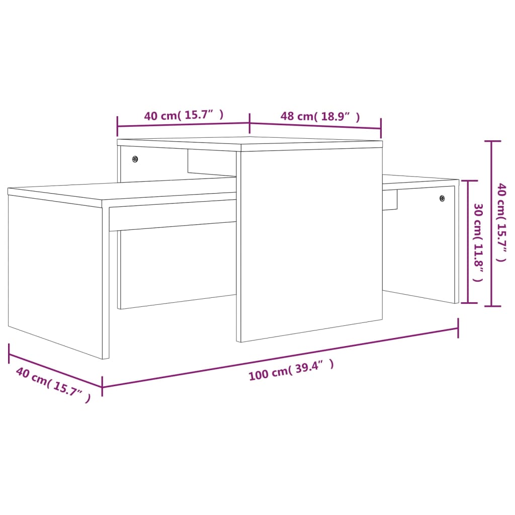 Ensemble table basse 100x48x40 cm en bois travaillé