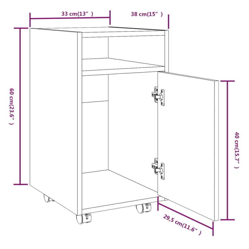 Bijzetkast met wielen 33x38x60 cm bewerkt hout