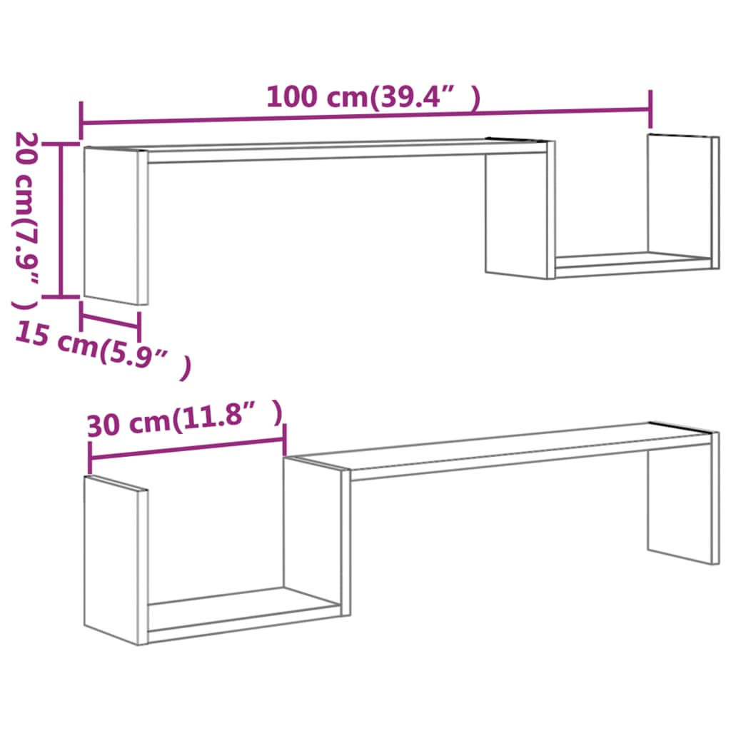 Wandschappen 2 st 100x15x20 cm bewerkt hout