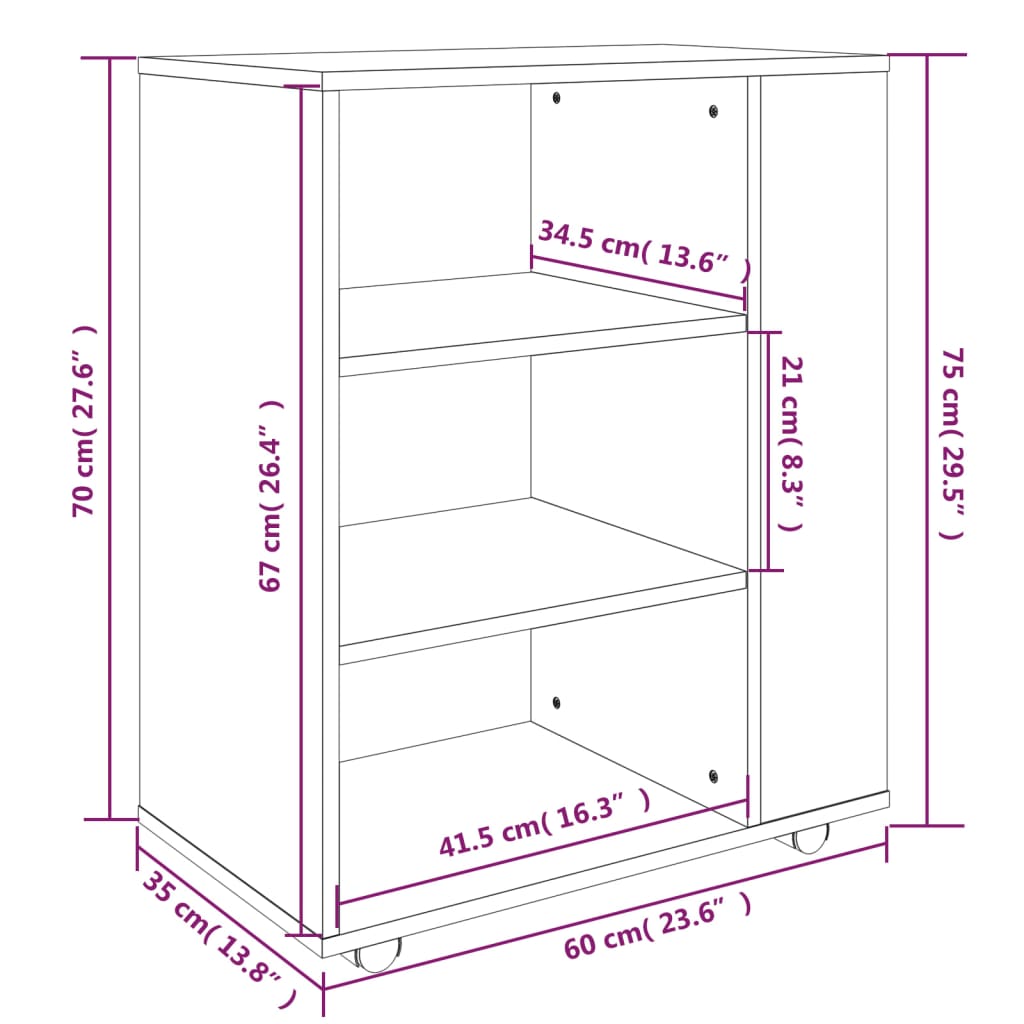 Armoire mobile 60x35x75 cm bois fini, couleur chêne