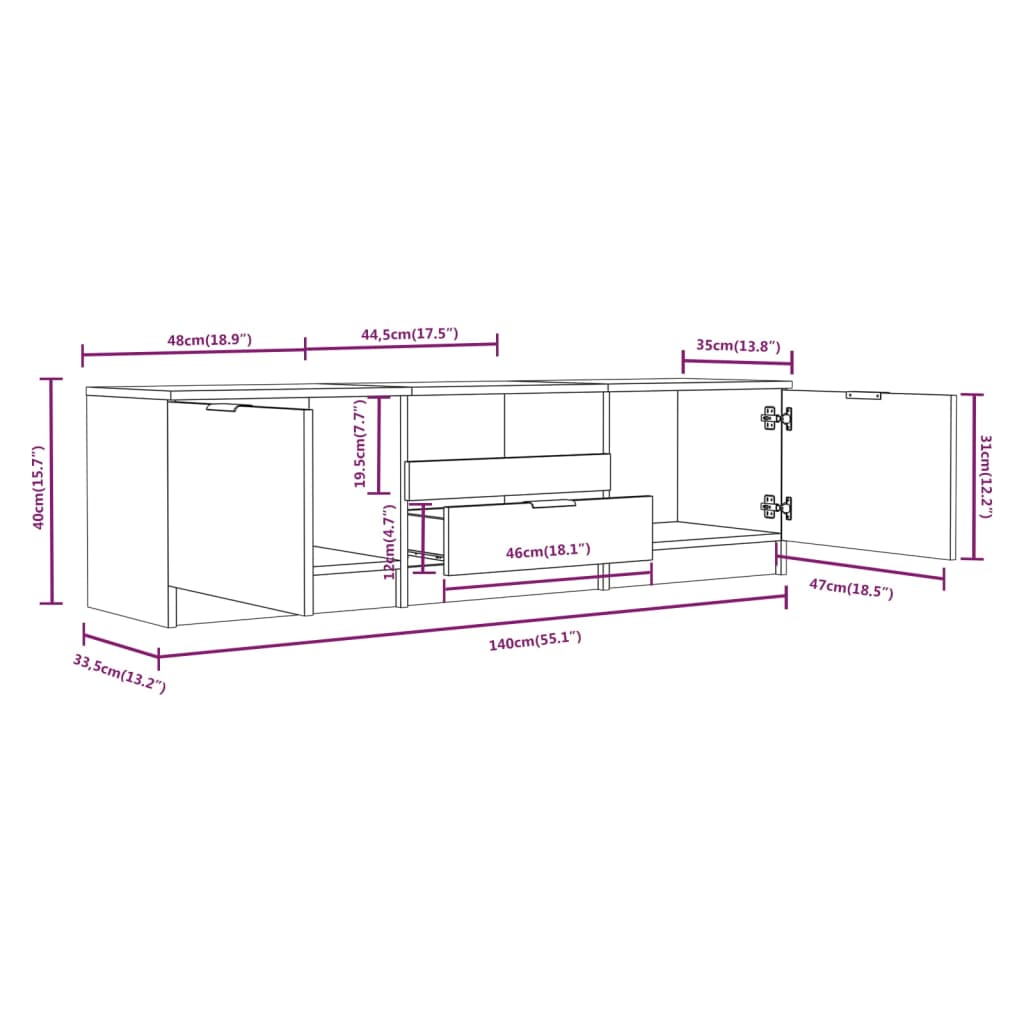 Meuble TV 140x35x40 cm ouvré en bois couleur chêne