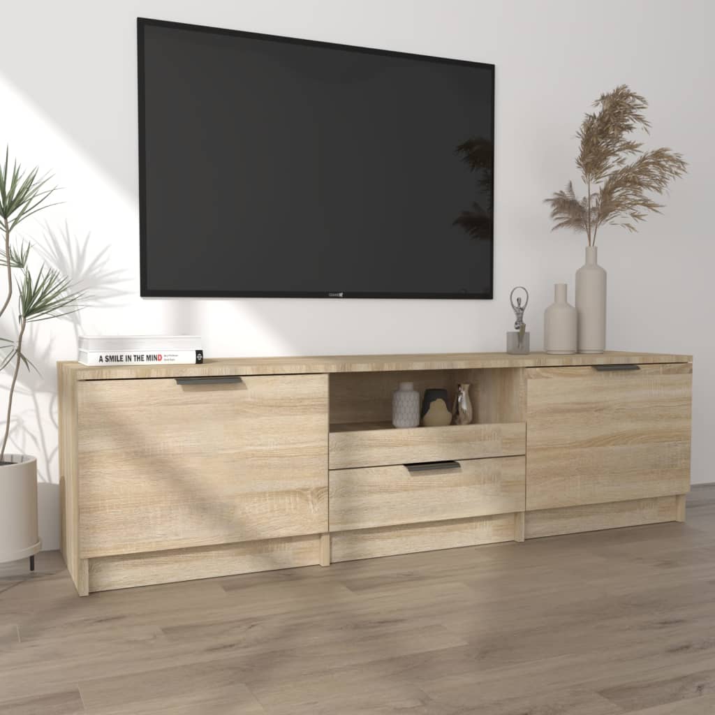 Meuble TV 140x35x40 cm ouvré en bois couleur chêne