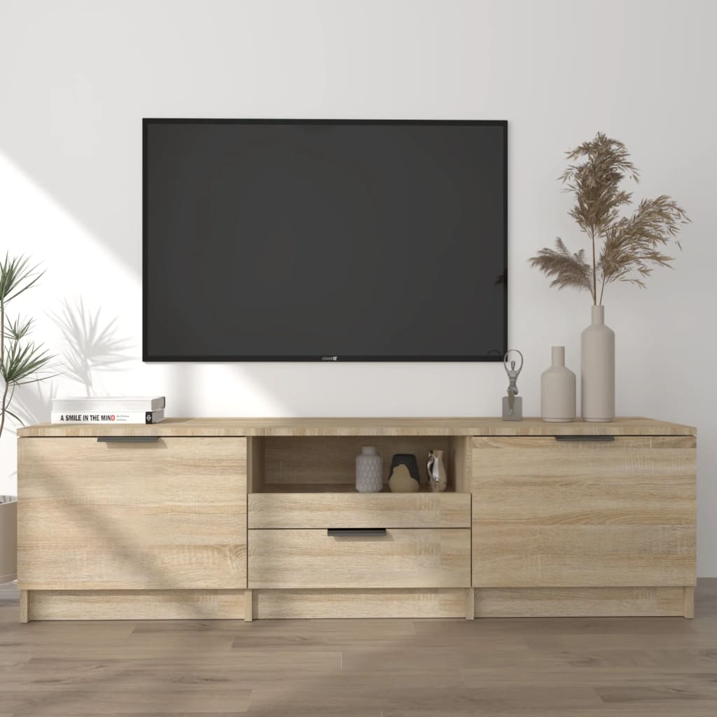 Meuble TV 140x35x40 cm ouvré en bois couleur chêne