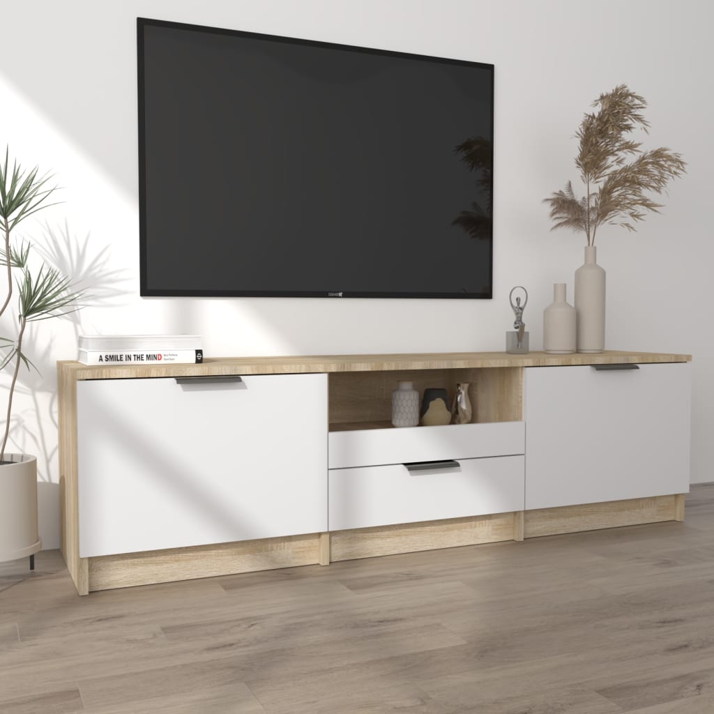 Meuble TV 140x35x40 cm ouvré en bois couleur chêne