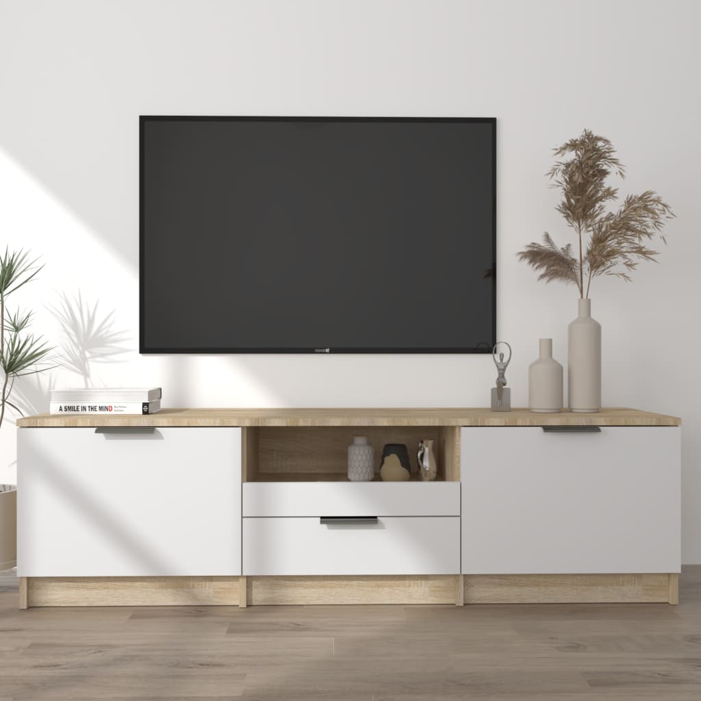 Meuble TV 140x35x40 cm ouvré en bois couleur chêne