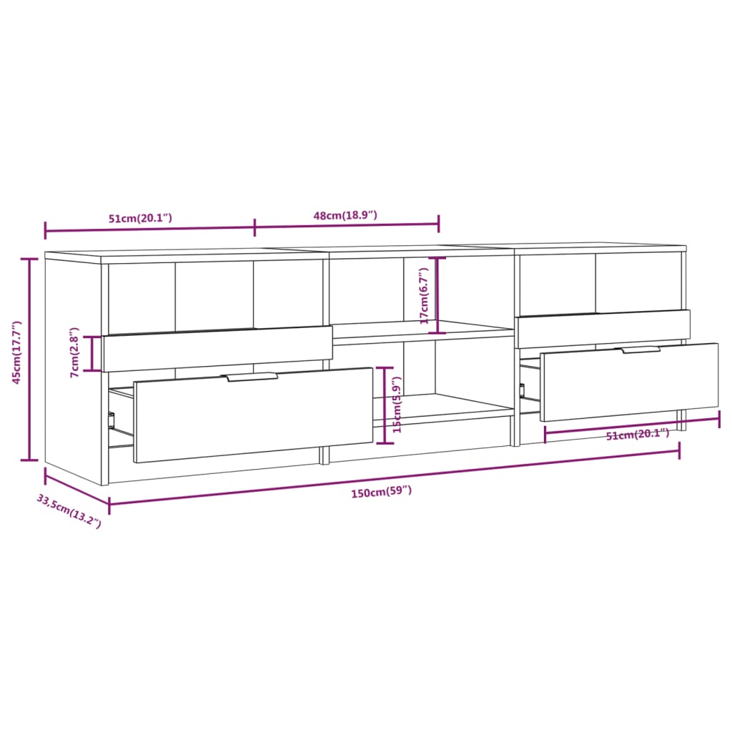 Meuble TV 150x33,5x45 cm ouvré en bois couleur chêne