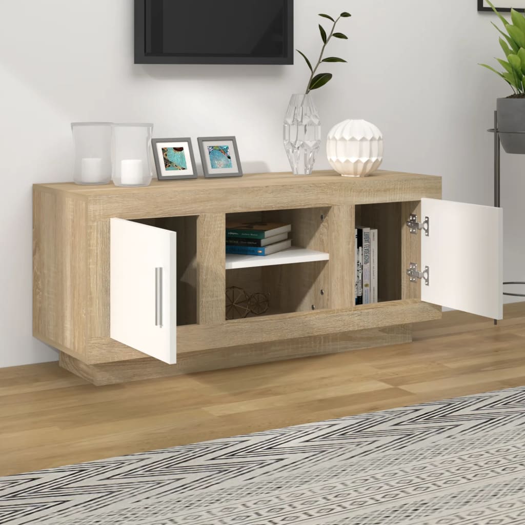 Meuble TV 102x35x45 cm ouvré en bois couleur chêne