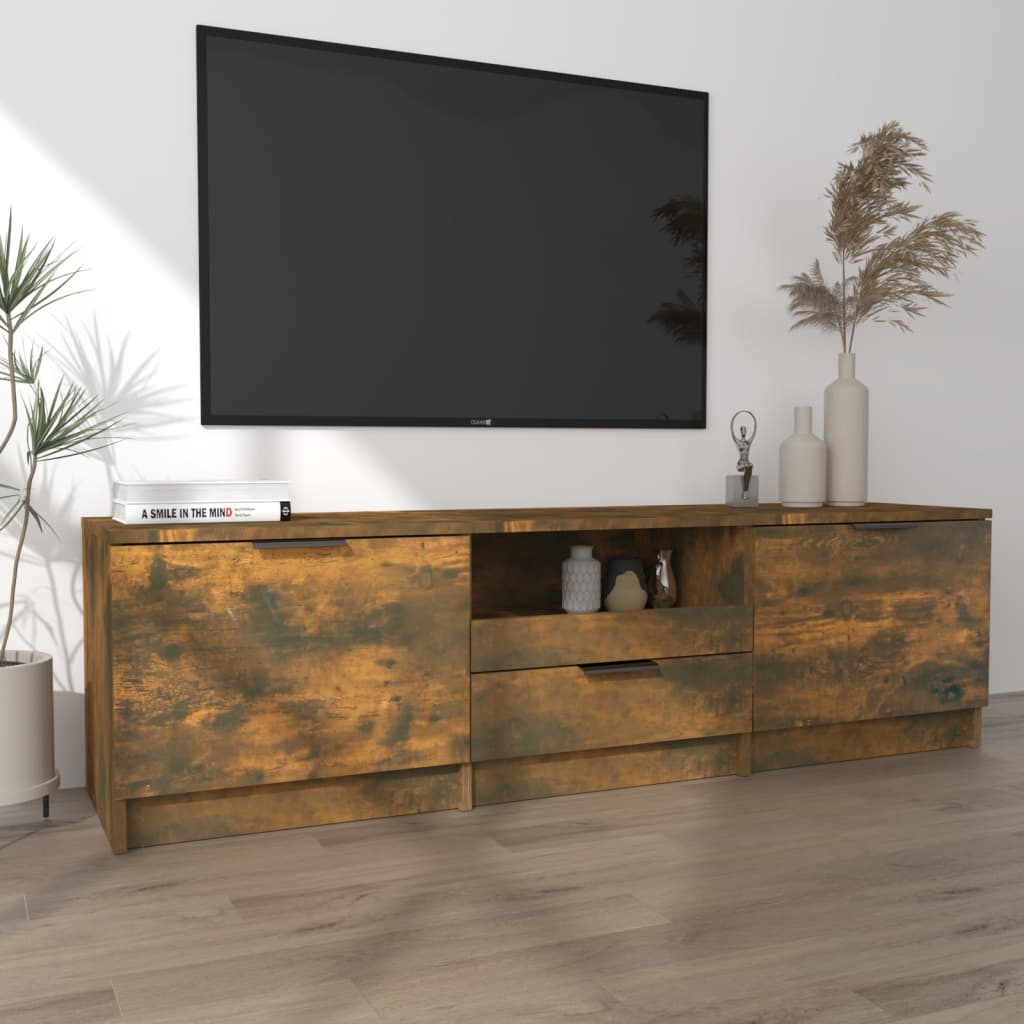 Meuble TV 140x35x40 cm ouvré en bois couleur chêne