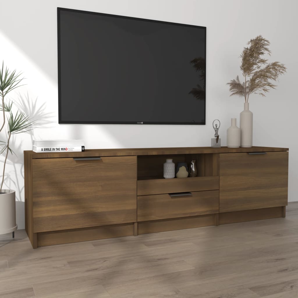 Meuble TV 140x35x40 cm ouvré en bois couleur chêne