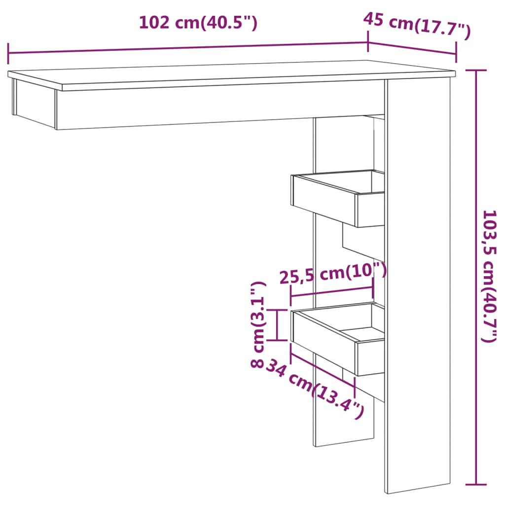 Table de bar murale 102x45x103,5 cm bois fini