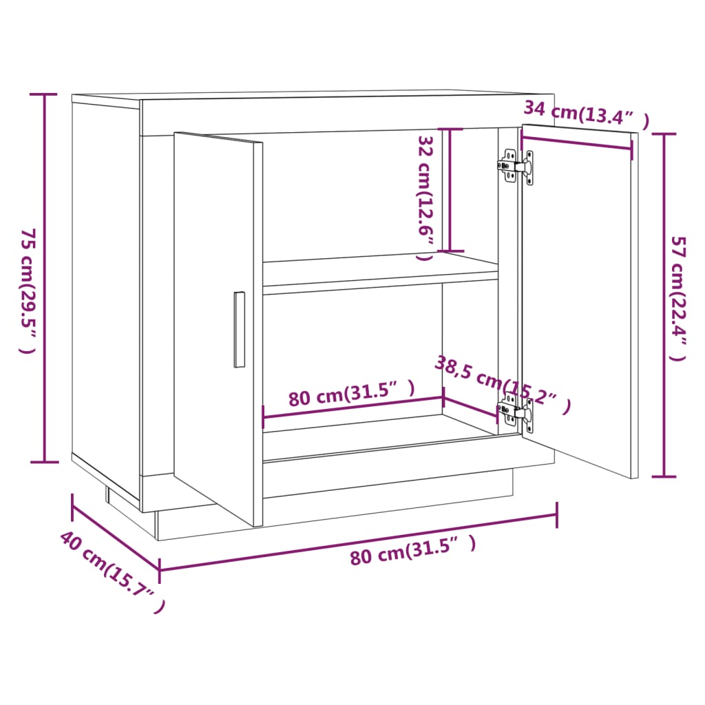 Buffet 80x40x75 cm en dérivé du bois, couleur chêne