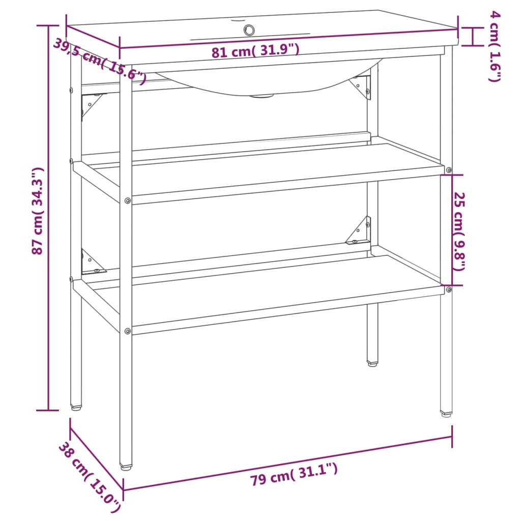 Wastafelframe met inbouwwastafel ijzer zwart