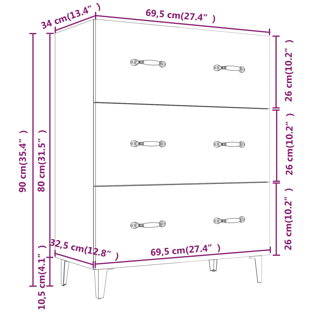 Buffet 69,5x34x90 cm en dérivé du bois, couleur chêne