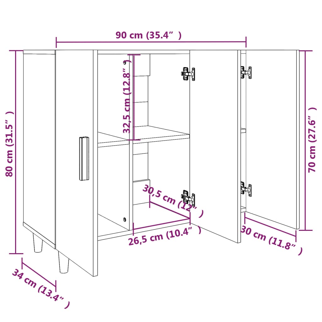 Dressoir 90x34x80 cm bewerkt hout