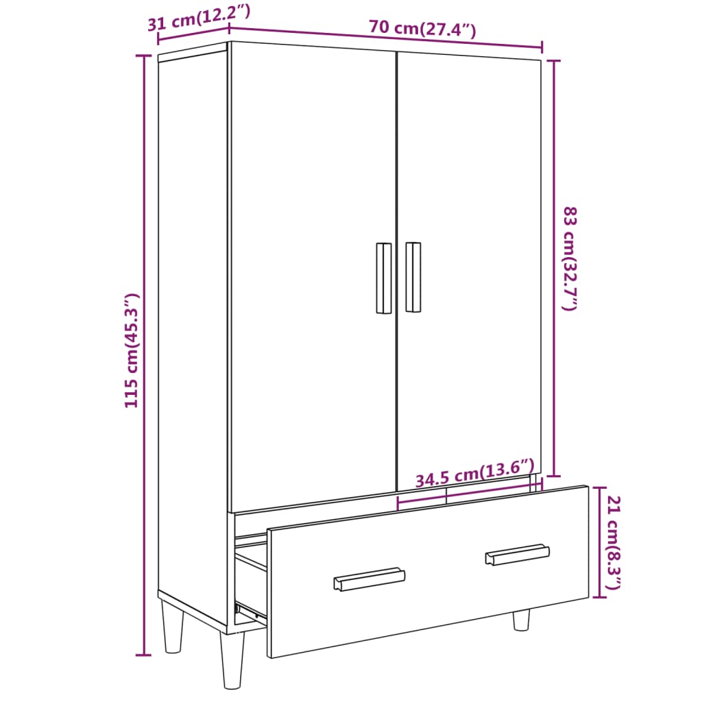 Hoge kast 70x31x115 cm bewerkt hout