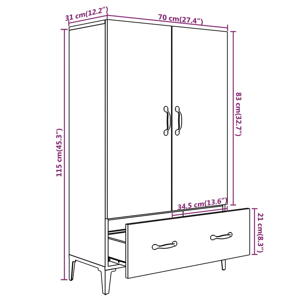 Meuble haut 70x31x115 cm en bois travaillé