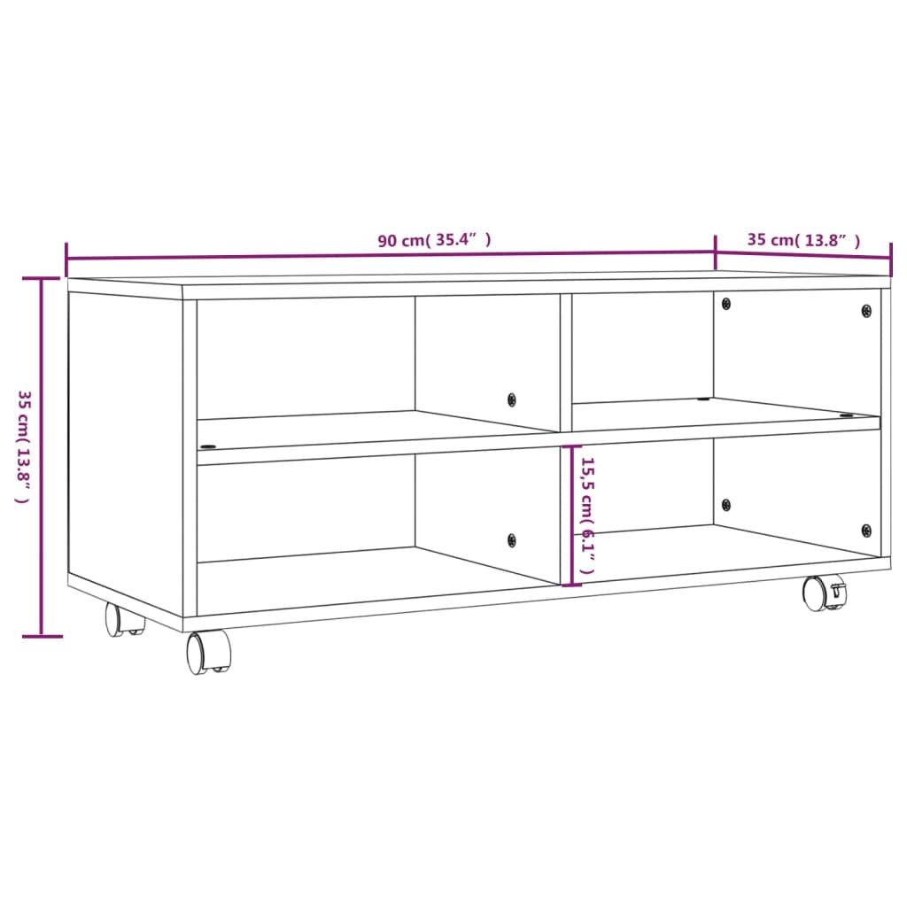 Tv-meubel met wieltjes 90x35x35 cm bewerkt hout