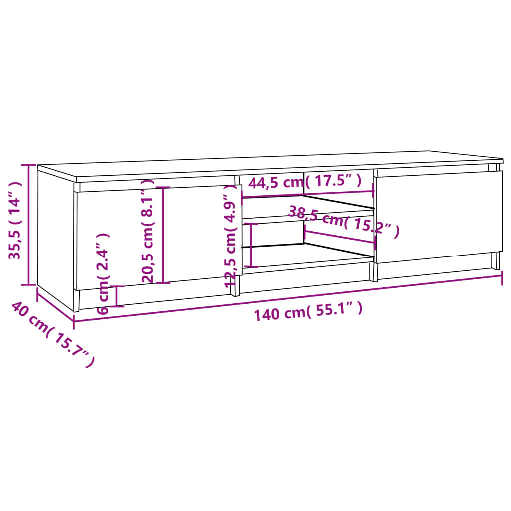 Meuble TV 140x40x35,5 cm ouvré en bois couleur chêne