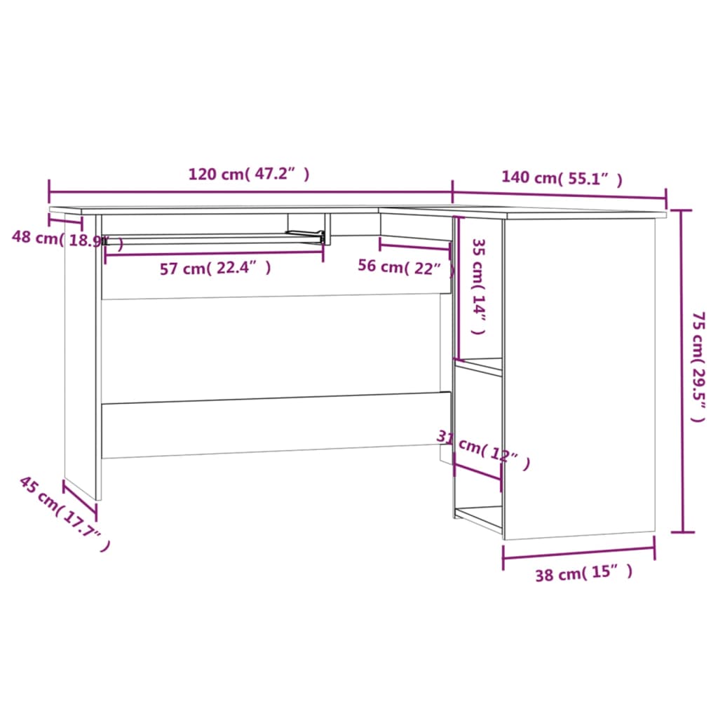 Hoekbureau L-vormig 120x140x75 cm bewerkt hout