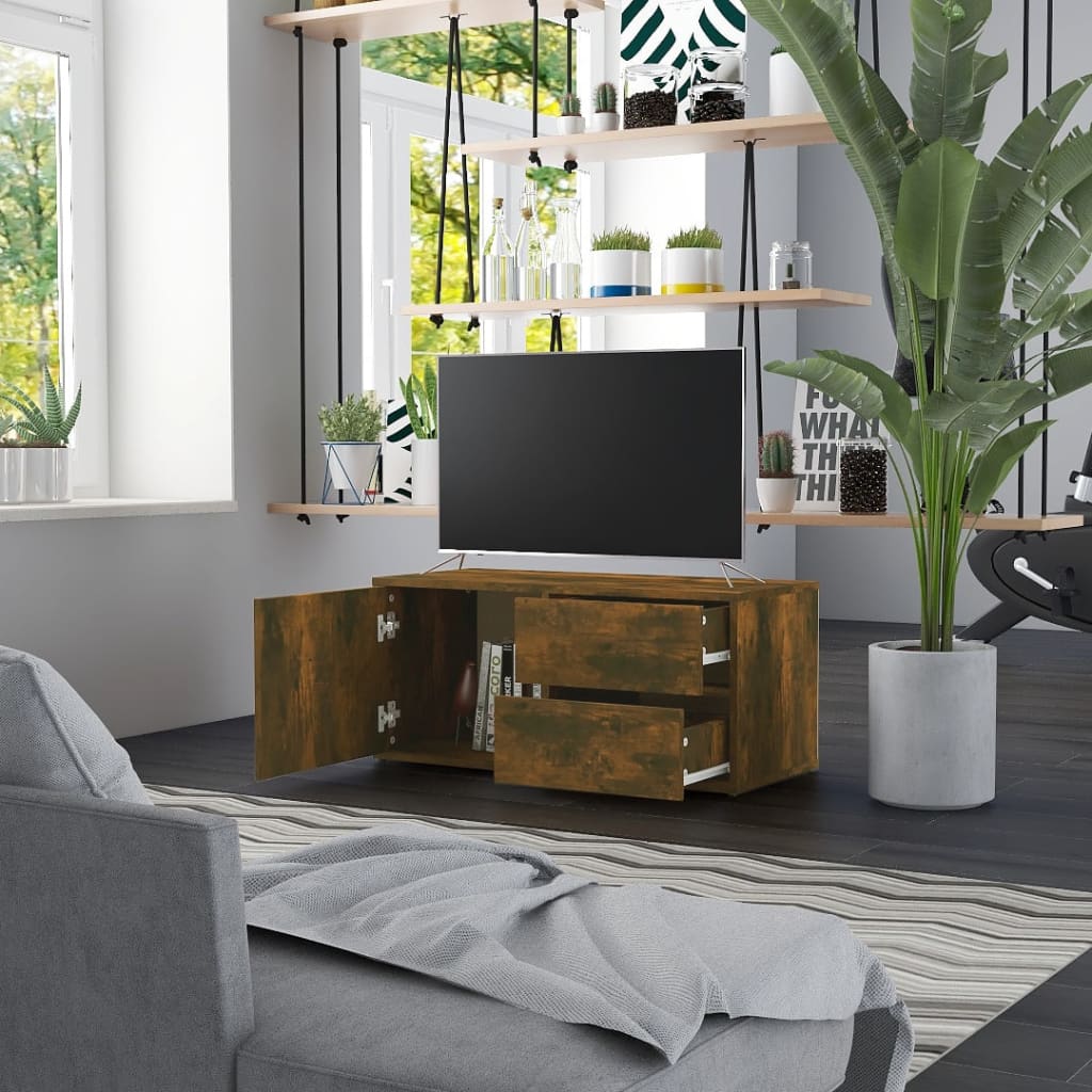 Meuble TV 80x34x36 cm ouvré en bois couleur chêne