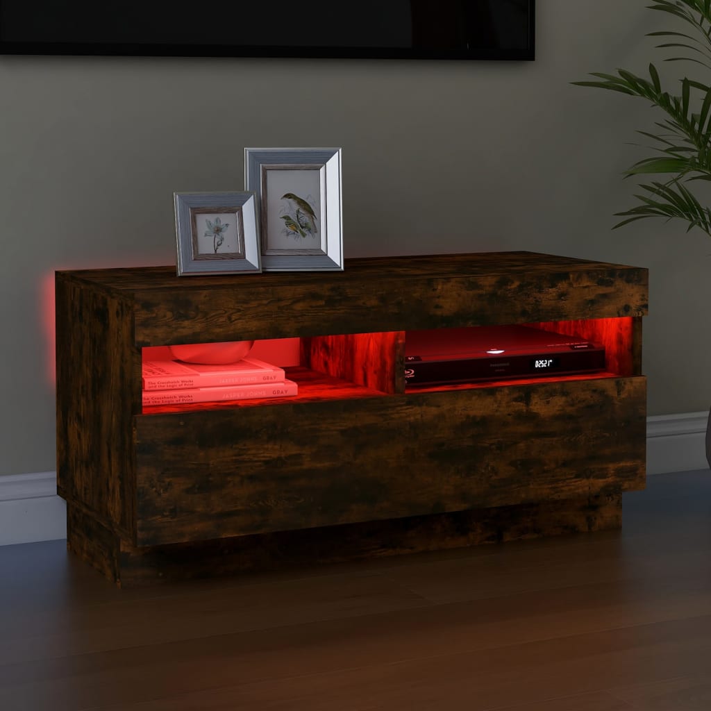 Tv-meubel met LED 80x35x40 cm bewerkt hout artisanaal eiken