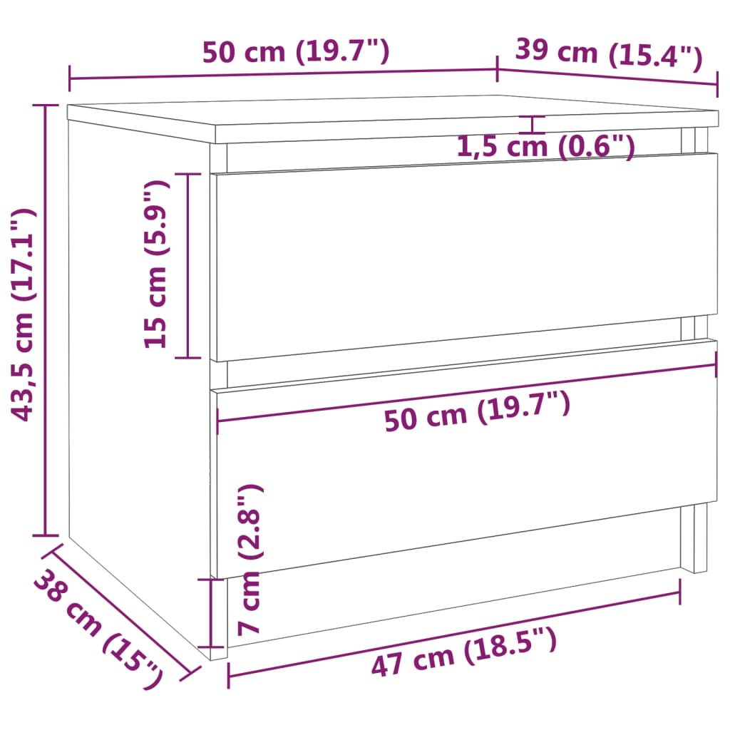 Tables de chevet 2 pcs 50x39x43,5 cm bois fini