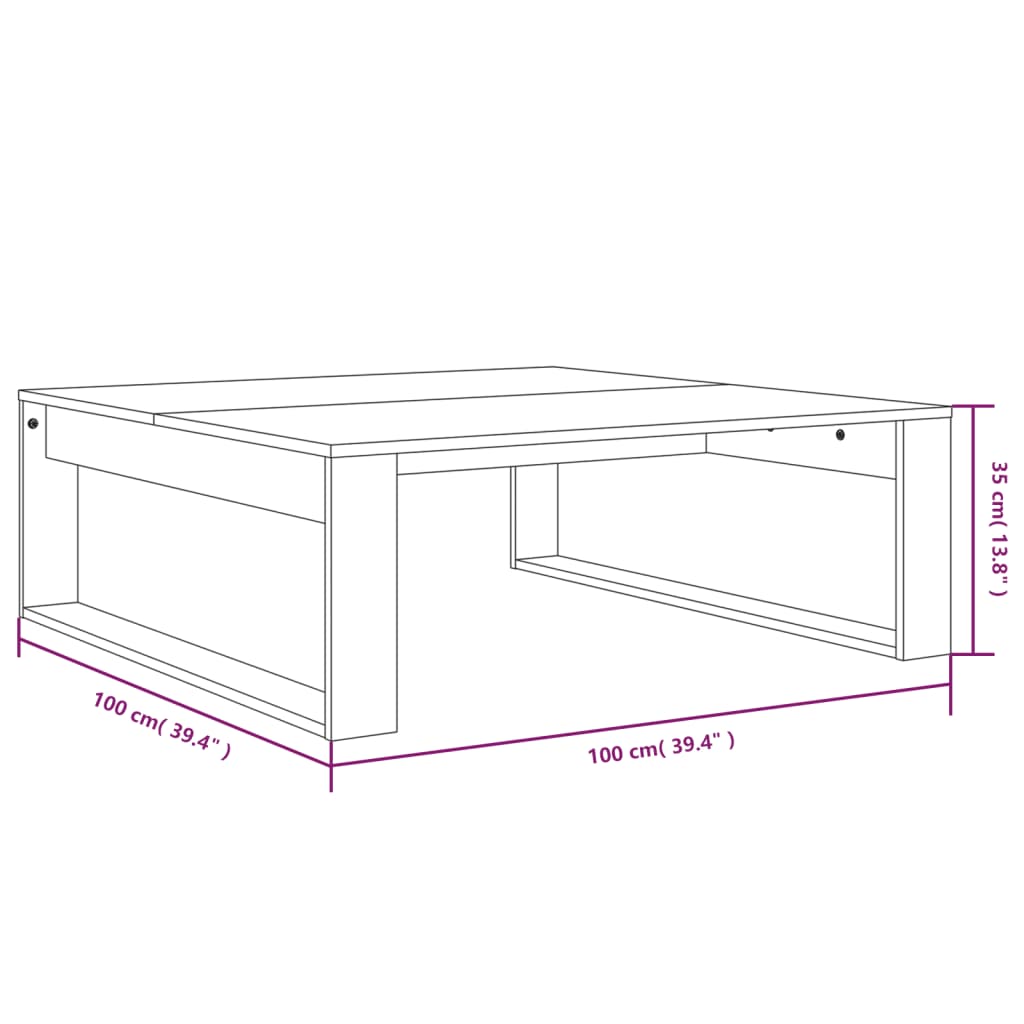 Table basse 100x100x35 cm bois fini couleur chêne marron