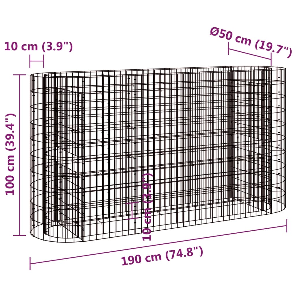 Jardinière gabion surélevée 500x100x100 cm en fer galvanisé