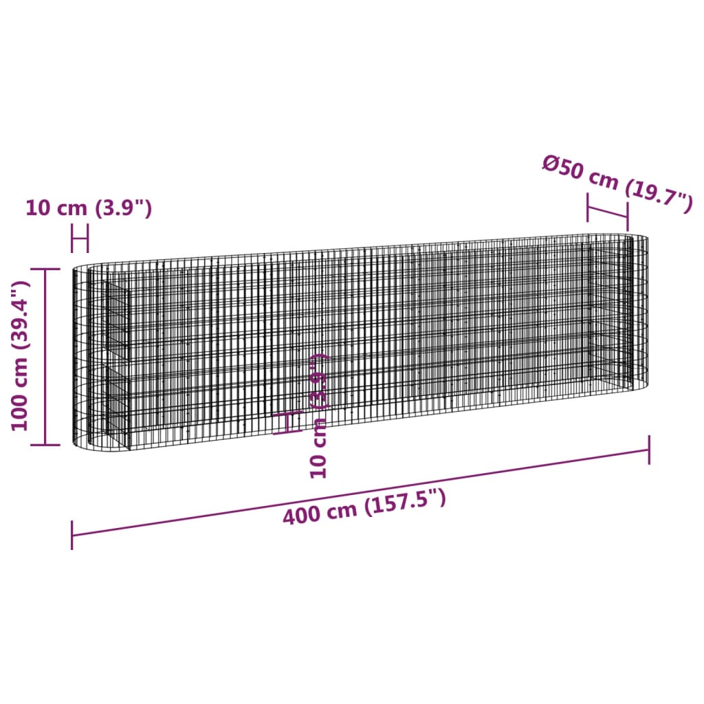 Jardinière gabion surélevée 500x100x100 cm en fer galvanisé