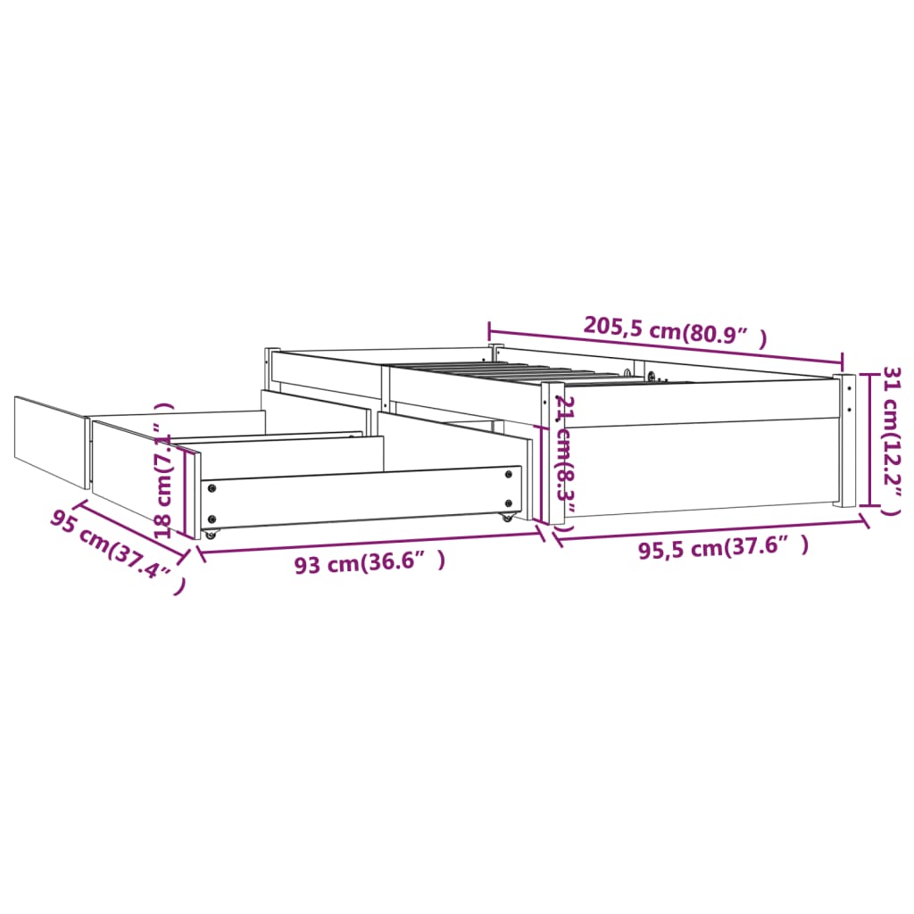 Bedframe met lades 75x190 cm