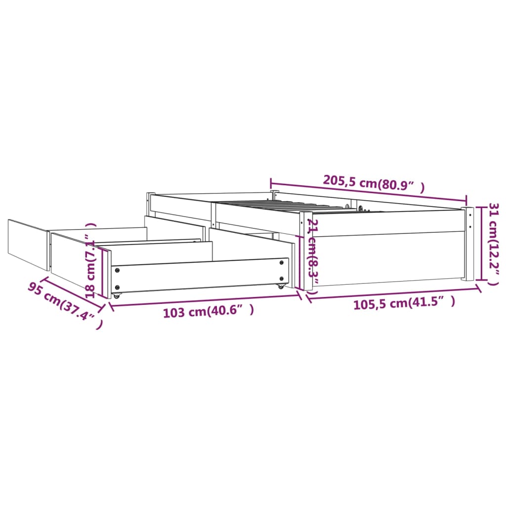 Bedframe met lades 90x200 cm