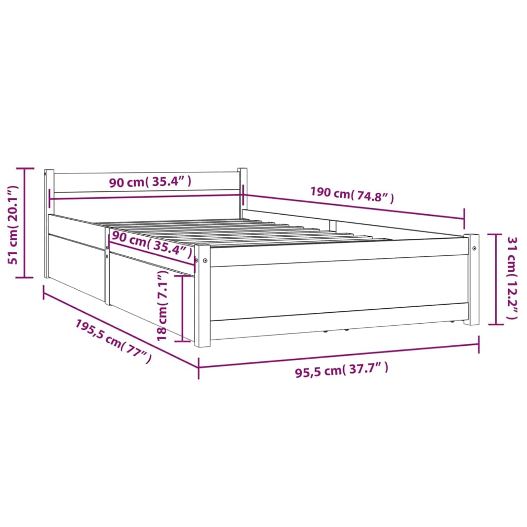 Bedframe met lades 90x200 cm