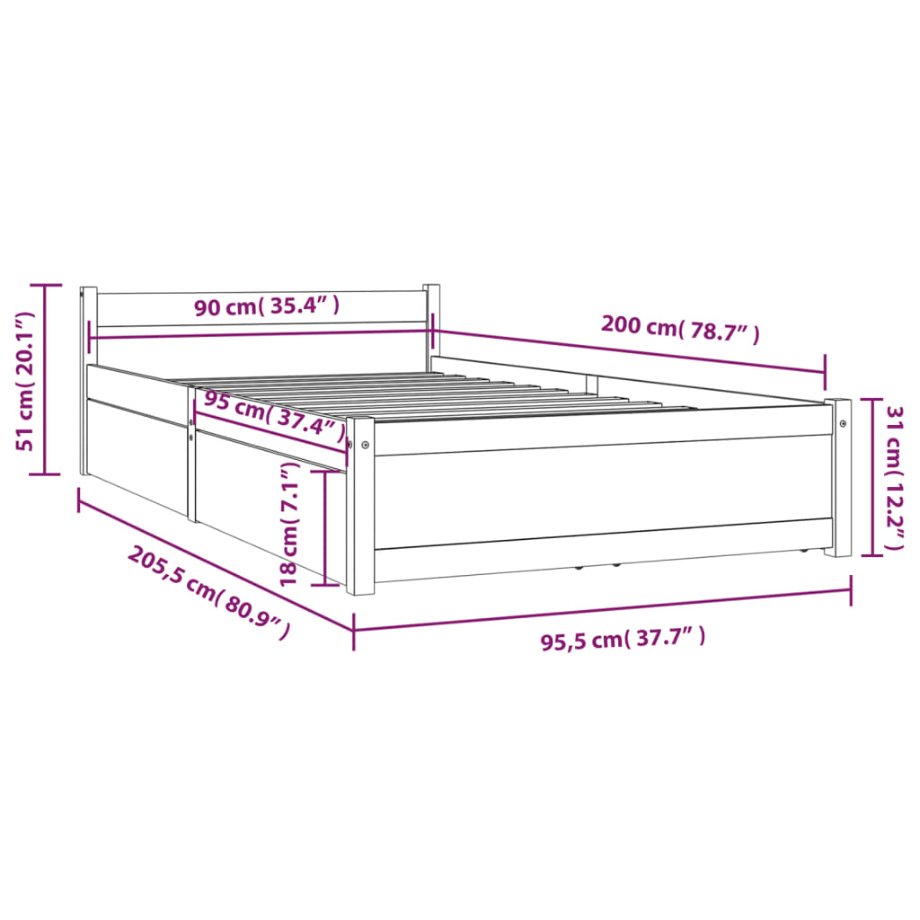 Bedframe met lades 90x200 cm