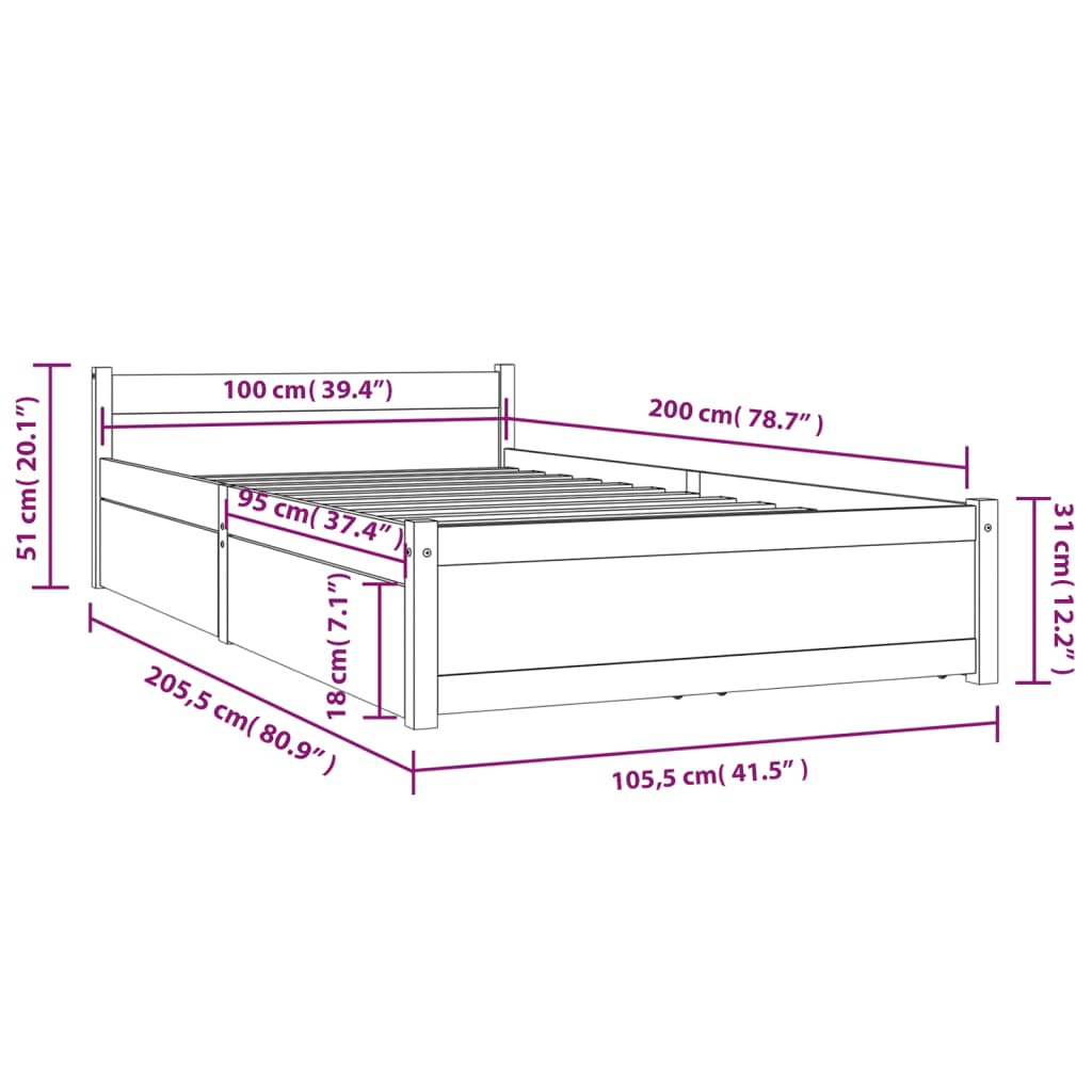 Bedframe met lades 100x200 cm