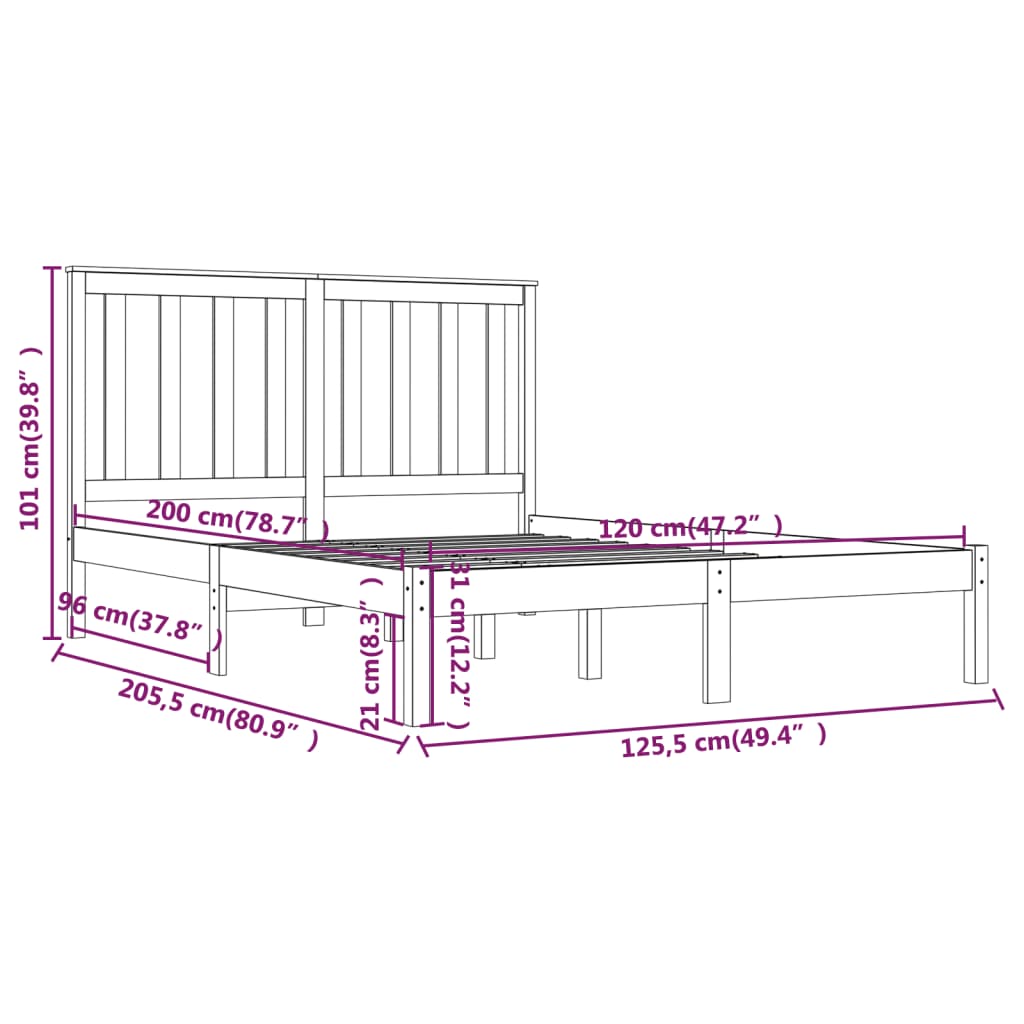 Cadre de lit en pin massif 90x200 cm