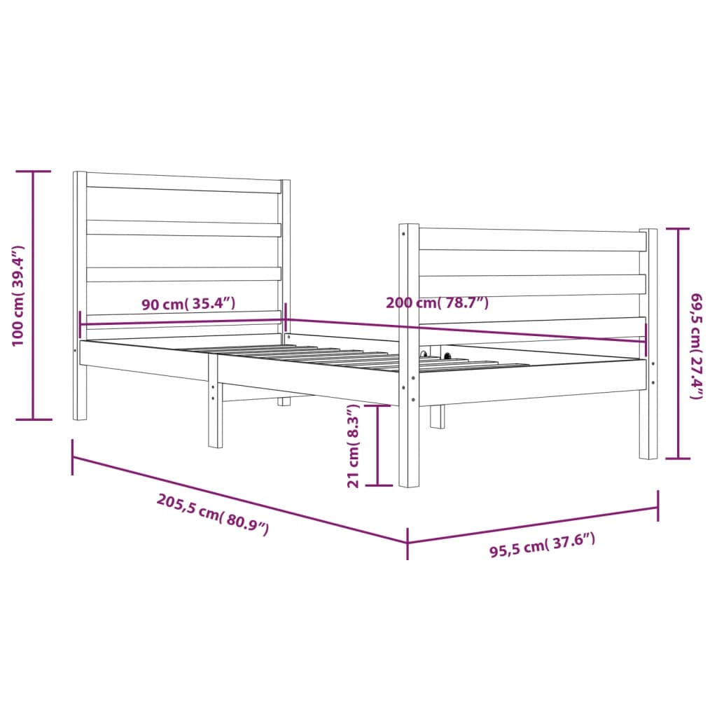 Bedframe massief grenenhout 90x200 cm