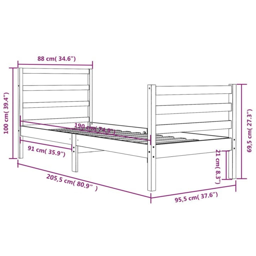 Bedframe massief grenenhout 90x200 cm