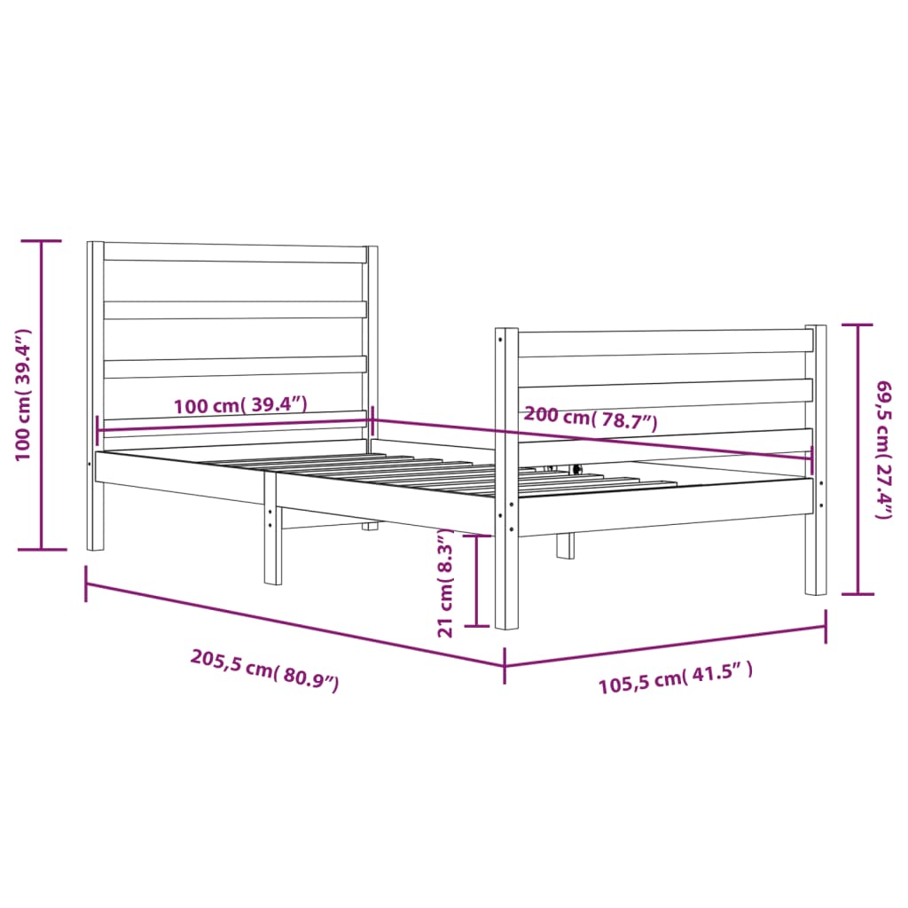 Bedframe massief grenenhout 90x200 cm