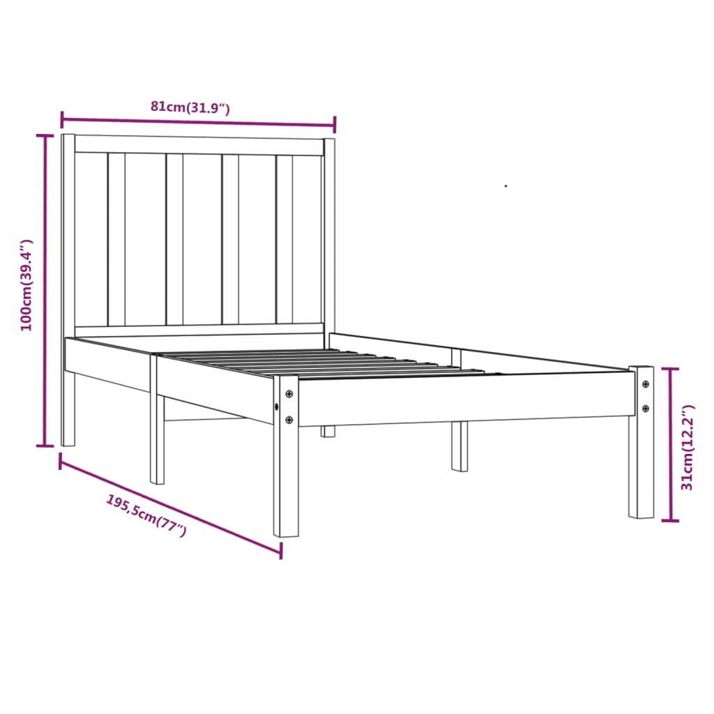 Bedframe massief grenenhout 75x190 cm