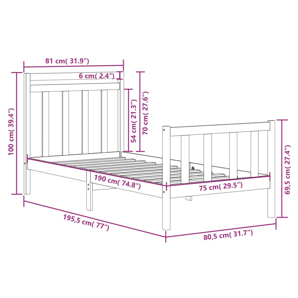 Bedframe massief hout 120x190 cm